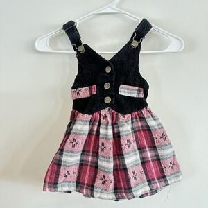 VTG Girls 3T Black Pink Plaid Cotton Corduroy‎ Bib Overall Jumper Dress 90's